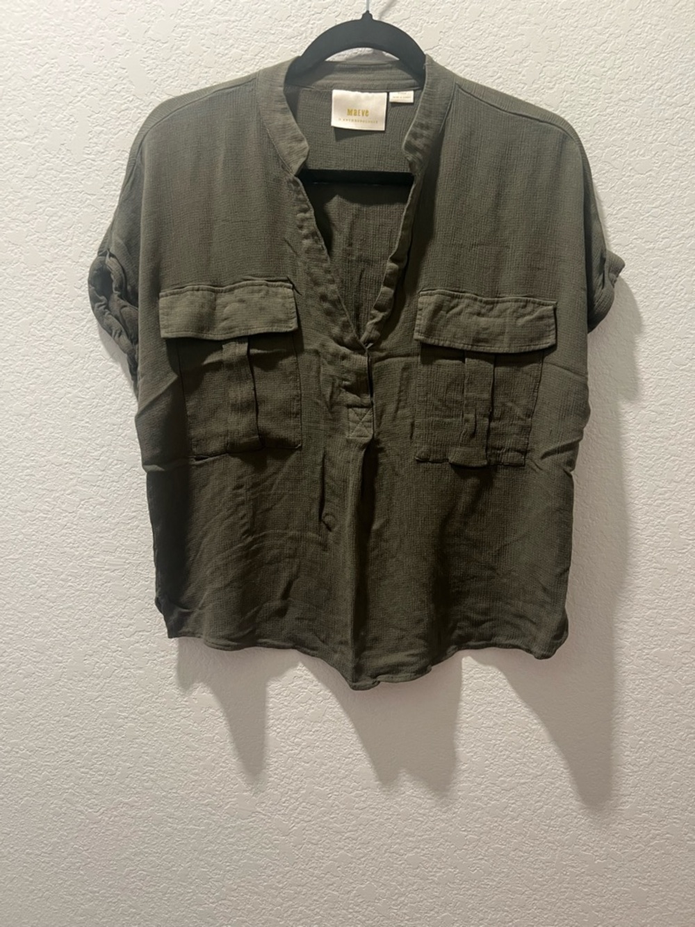 Maeve Anthropologie Olive Gauze Utility Blouse Medium Rolled Sleeve Boho Top